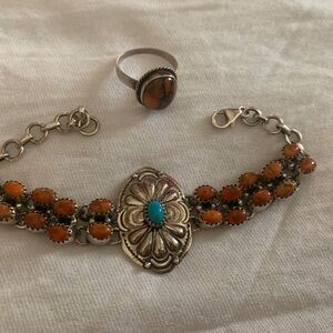 Sterling silver orange Spiney Oyster/ turquoise bracelet and ring